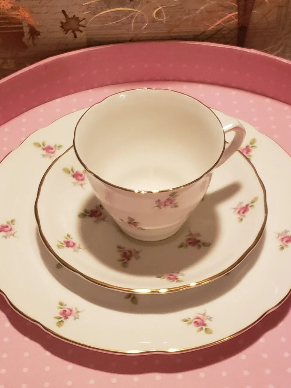 Vintage Royal Kent Pink Rose Gold-Trim Porcelain Tea Cup & Saucer Set